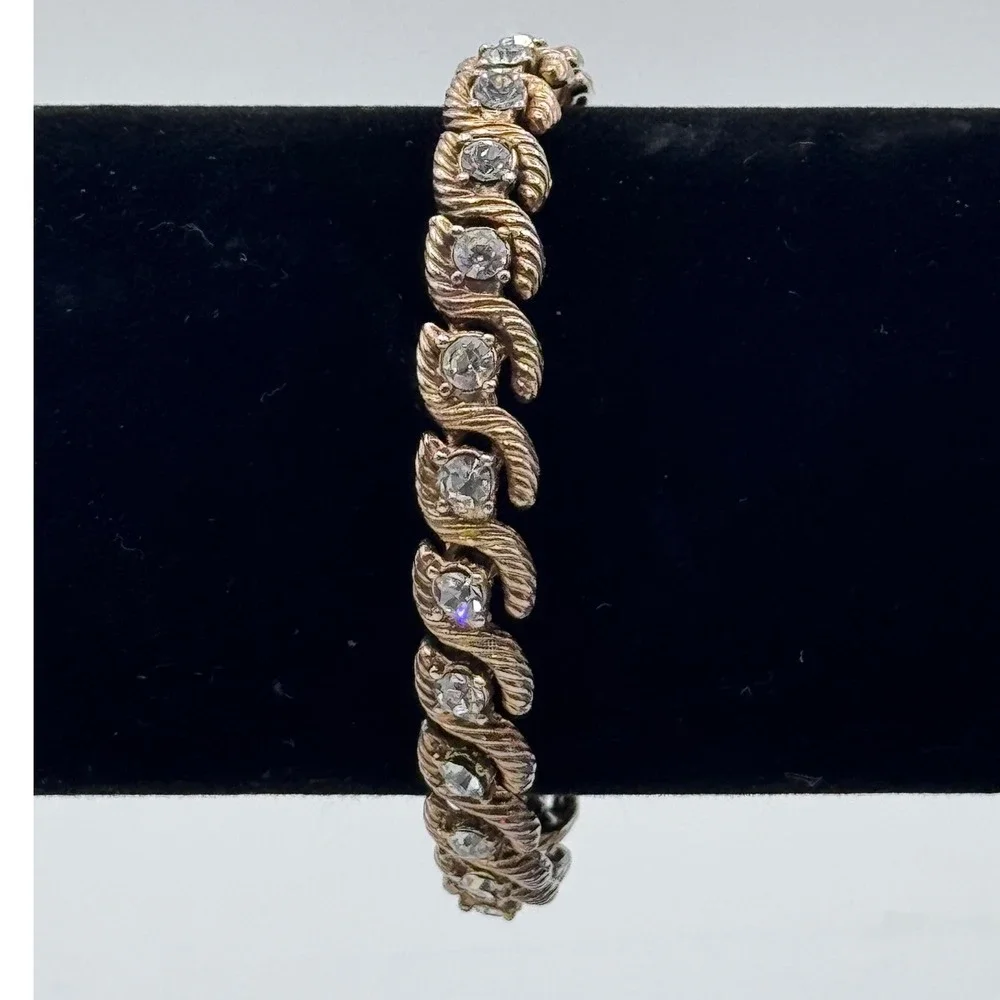 Vintage Rhinestone Link Bracelet Gold Tone Swirl Chunky‎ Retro Glam